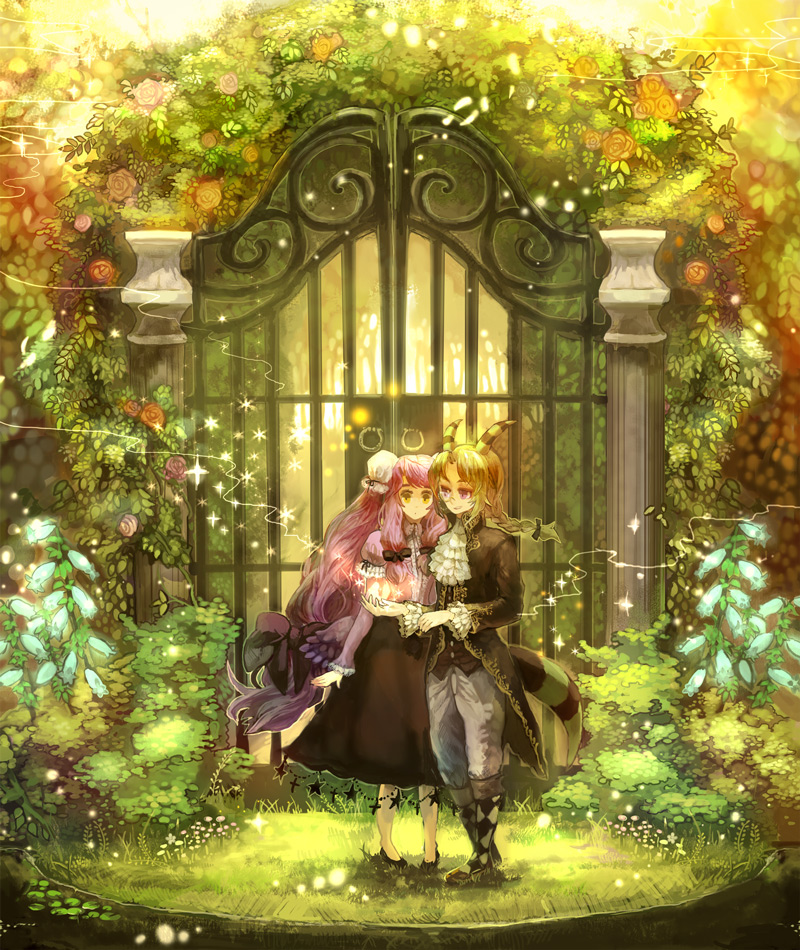 chibi (artist), chibi (shimon), original, 1boy, 1girl, blonde hair, door, fence, flower, garden, glasses, grass, horns, pink hair, skirt, tail