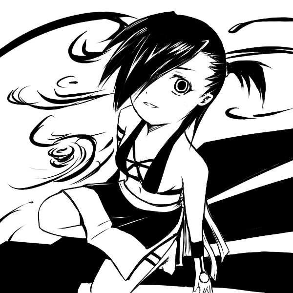 tetsuji, enma, enma (character), 1girl, barefoot, female focus, greyscale, hair over one eye, looking up, monochrome, ponytail, short hair, side ponytail, solo, staring, tattoo