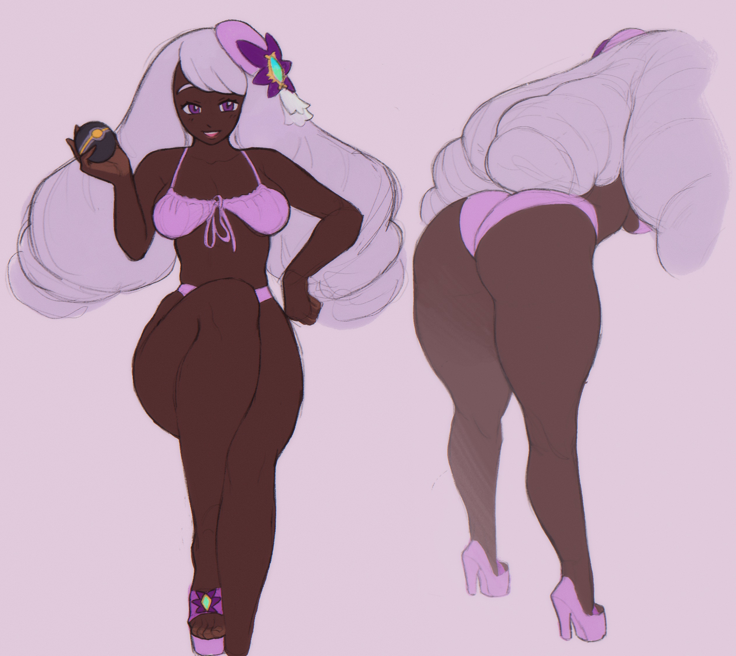 pothosdark, jacinthe (pokemon), nintendo, pokemon, pokemon legends: z-a, highres, 1girl, alternate breast size (larger), ass, belly, bikini, blush, breasts, cleavage, cowboy shot, curvy, dark-skinned female, dark skin, hair ornament, hand on own hip, highleg, highleg bikini, holding, holding poke ball, huge ass, lips, long hair, looking at viewer, low drills, medium breasts, multiple views, navel, open mouth, pink bikini, poke ball, purple eyes, purple hair, shiny skin, side-tie bikini bottom, simple background, smile, solo, swimsuit, very dark skin, very long hair, white bikini, wide hips