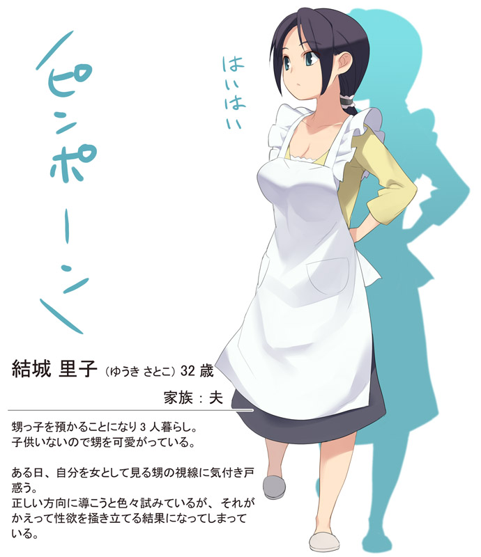 nora higuma, translated, 1girl, apron, black hair, blue eyes, full body, housewife, long hair, low ponytail, mature female, ponytail, reference sheet, skirt, slippers