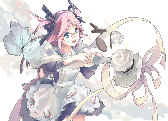 anmi, sikky, cookie, cowboy shot, cupcake, flower, food, glasses, long hair, maid, oversized object, parted bangs, pink hair, ribbon, solo, two side up, white background