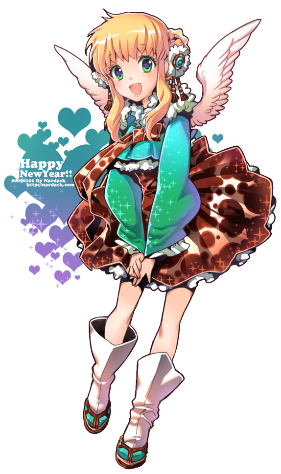 nardack, original, 1girl, angel wings, blonde hair, boots, female focus, full body, green eyes, hair ornament, heart, heart background, legs, scarf, skirt, solo, wings