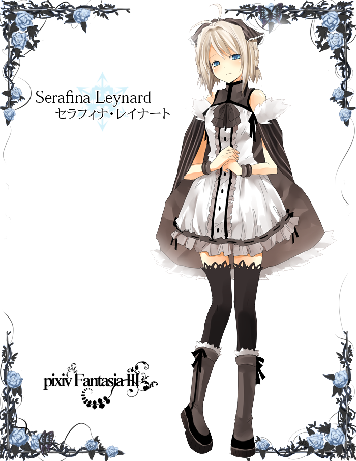 kurot, pixiv fantasia, pixiv fantasia 3, ahoge, blonde hair, blue eyes, boots, bracelet, braid, cape, dress, flower, gigandal federation, jewelry, ribbon, solo, thighhighs, twin braids, zettai ryouiki