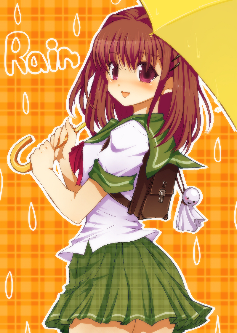 mofuaki, sakura koharu, original, bad id, bad pixiv id, derivative work, 1girl, backpack, bag, brown hair, female focus, plaid background, plaid clothes, plaid skirt, school uniform, serafuku, short hair, skirt, solo, teruterubouzu, umbrella, unmoving pattern
