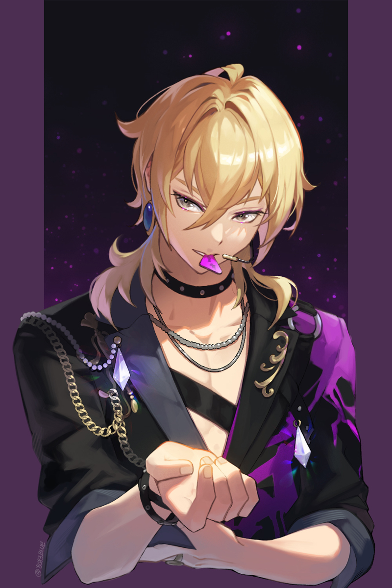 8083 blue, hakaze kaoru, ensemble stars!, commentary request, highres, 1boy, black jacket, blonde hair, bracelet, chain, choker, cropped torso, earrings, eyelashes, grey eyes, hair between eyes, headset, jacket, jewelry, male focus, mouth hold, necklace, o-ring, plectrum, plectrum in mouth, ring, solo, studded bracelet, studded choker, twitter username