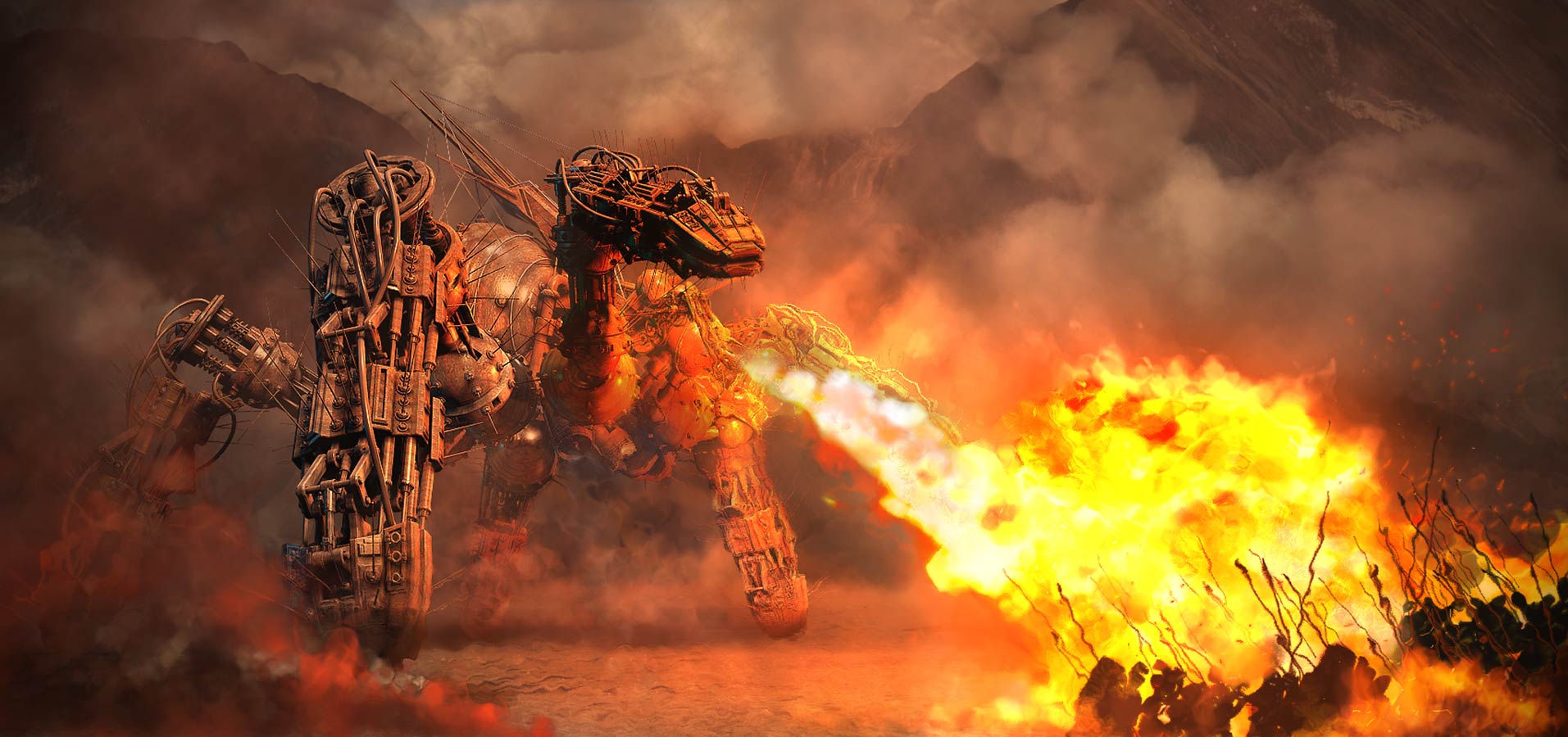 arsenixc, mechanical, bad id, bad pixiv id, highres, 3d, bug, fire, mecha, multiple others, robot, spider, torch