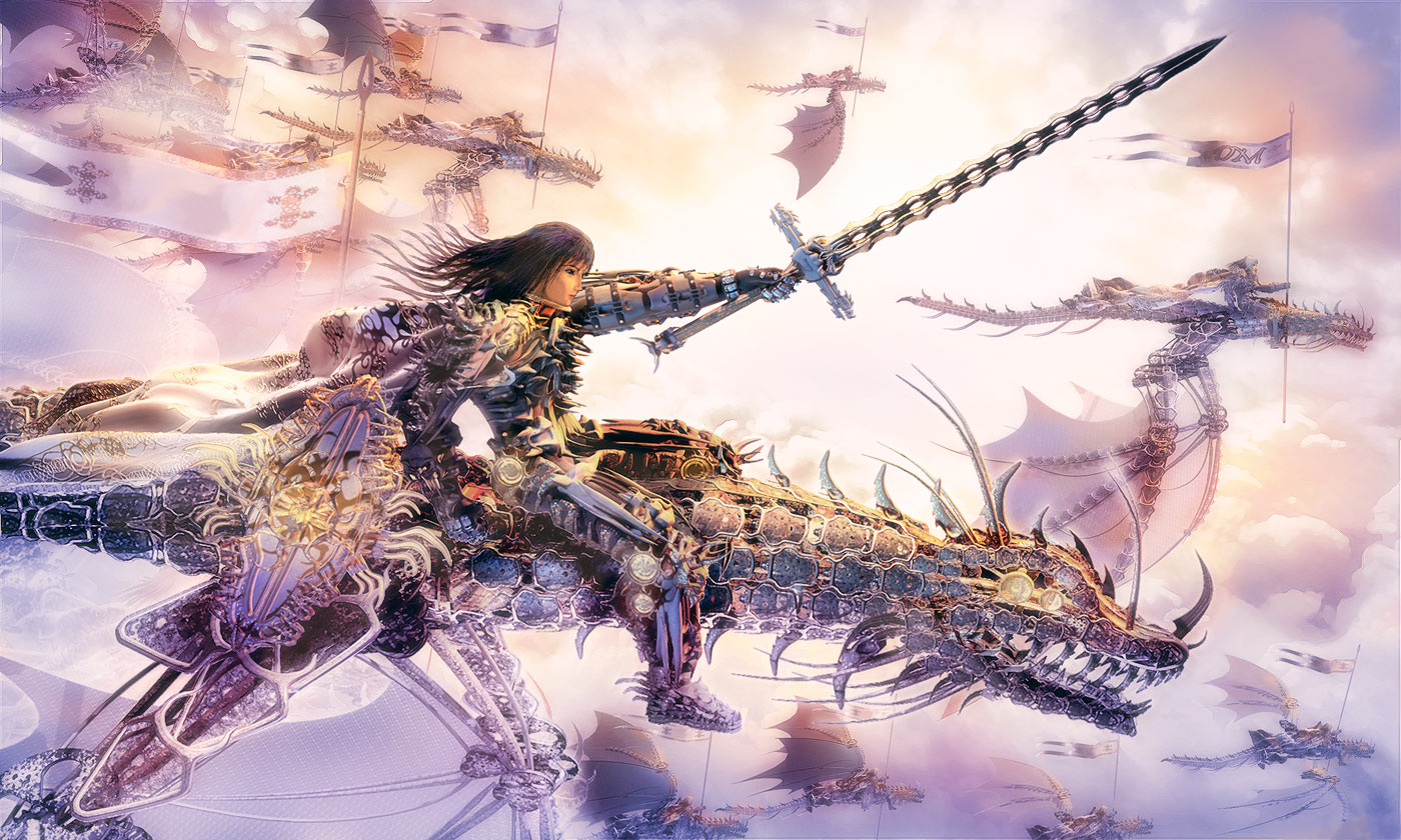 arsenixc, mechanical, bad id, bad pixiv id, 1girl, army, banner, dragon, flying, solo focus, sword, weapon