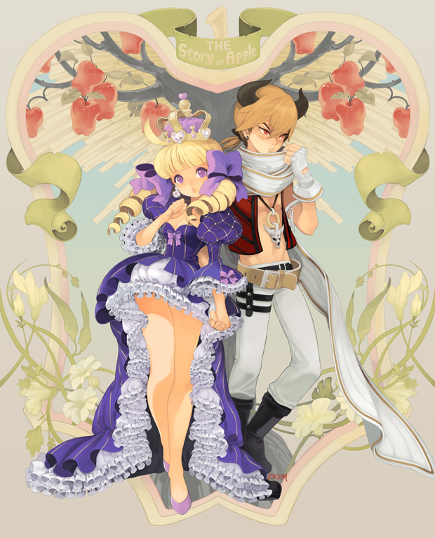 chkuyomi, original, 1boy, 1girl, animal, apple, art nouveau, belt, belt skirt, blonde hair, boots, bow, couple, crown, dress, drill hair, earrings, fantasy, fingerless gloves, flower, food, frills, fruit, gathers, gloves, gown, hair bow, hair ornament, hetero, high heels, holding hands, horns, jewelry, legs, low ponytail, necklace, plant, ponytail, princess, purple eyes, red eyes, ribbon, scarf, shoes, short ponytail, skull, tree, twintails, vest