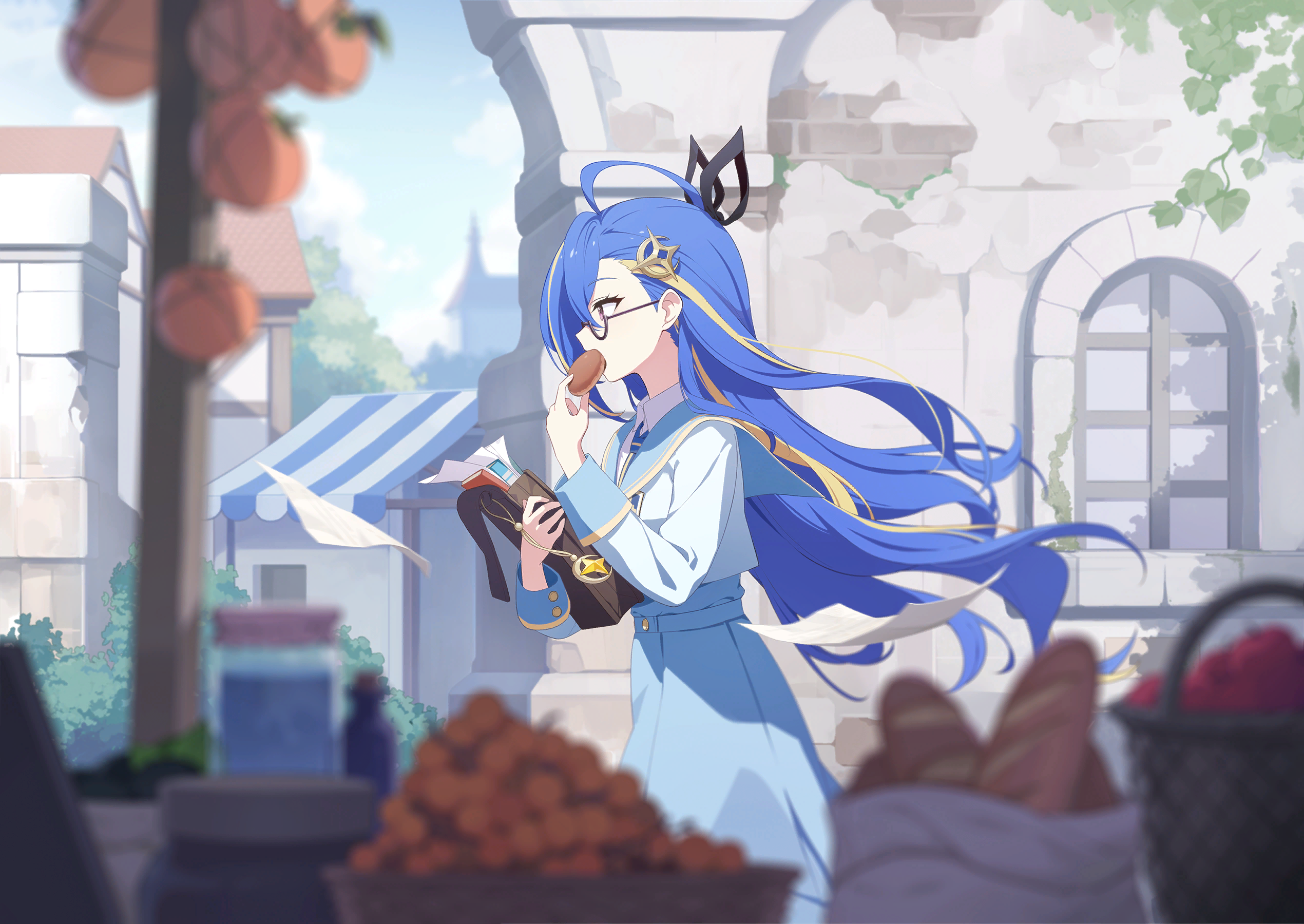 minova (stella sora), stella sora, game cg, highres, non-web source, official art, 1girl, ahoge, bag, blue hair, blue necktie, blue sailor collar, blue shirt, blue skirt, blurry, blurry foreground, collared shirt, cowboy shot, dress shirt, eating, food in mouth, holding, holding bag, long hair, long sleeves, minova (tipsy daydream) (stella sora), necktie, official alternate costume, pleated skirt, purple eyes, sailor collar, school uniform, serafuku, shirt, skirt, solo, white shirt