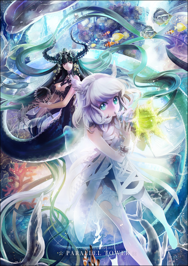nox, 2girls, angel wings, black hair, breasts, bubble, bustier, checkered clothes, checkered dress, cleavage, clownfish, colorful, coral, dolphin, dress, fish, floating hair, green eyes, head wings, horn (instrument), horns, instrument, large breasts, long hair, long tail, looking at viewer, mermaid, monster girl, multiple girls, music, playing instrument, red eyes, scales, skull, tail, thighhighs, underwater, very long hair, water, watermark, web address, white hair, wings