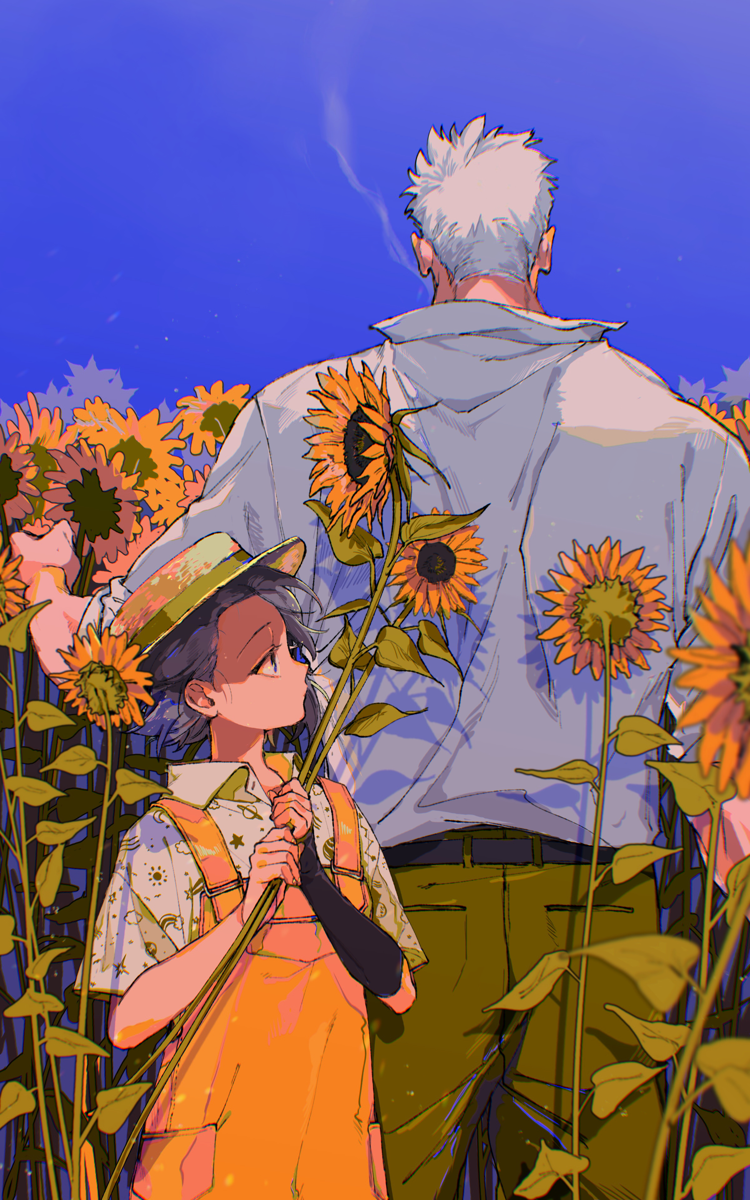 kabane (rjev8385), smoker (one piece), one piece, original, absurdres, commentary request, highres, 1boy, 1girl, arm warmers, back, belt, black belt, blue sky, clear sky, closed mouth, collared shirt, cowboy shot, day, field, flower, flower field, green pants, green ribbon, grey hair, hat, hat ribbon, height difference, holding, holding flower, light particles, oc x canon, outdoors, overalls, pants, print shirt, profile, ribbon, shirt, short hair, short sleeves, single arm warmer, sky, smoke, smoke trail, smoking, standing, star (symbol), sun hat, sunflower, sunflower field, white hair, white shirt, yellow flower, yellow overalls