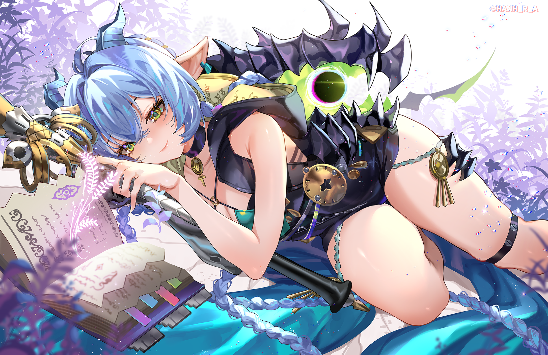 hanh chu, ethereal (zenless zone zero), lucia elowen, zenless zone zero, commentary, highres, symbol-only commentary, 1girl, 1other, accessories, artist name, black unitard, blue hair, blue horns, book, breasts, choker, closed mouth, earrings, goat, goat horns, goat tail, grass, green pupils, hair between eyes, holding, holding staff, hood, horns, jewelry, knee strap, lying, medallion, on side, open book, outdoors, plant, pointy ears, reading, short hair, single bare shoulder, smile, staff, tail, thighs, twitter username, yellow eyes