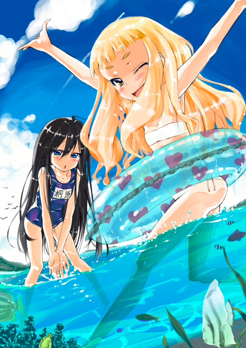 yoshino (kurage no kanzume), bad id, bad pixiv id, 2girls, arms up, bikini, black hair, blonde hair, blue eyes, brown eyes, child, day, innertube, long hair, multiple girls, one-piece swimsuit, school swimsuit, submerged, swim ring, swimsuit, wading, water