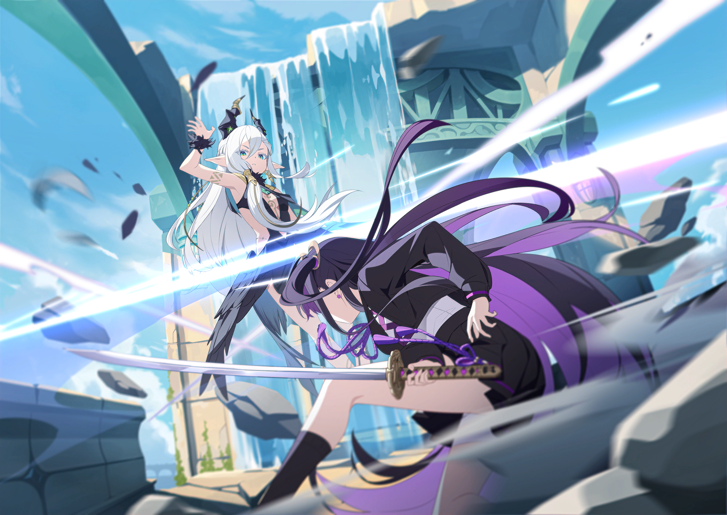 chitose (stella sora), stella sora, game cg, highres, non-web source, official art, 2girls, aeloria (stella sora), bare shoulders, black dress, black hair, black serafuku, black shirt, black skirt, black socks, breasts, colored inner hair, dress, earrings, green eyes, grey hair, holding, holding sword, holding weapon, jewelry, katana, long hair, long sleeves, miniskirt, multicolored hair, multiple girls, one side up, outdoors, pleated skirt, purple hair, school uniform, serafuku, shirt, skirt, sleeveless, sleeveless dress, small breasts, socks, sword, sword tassel, tassel, very long hair, water, weapon, white shirt