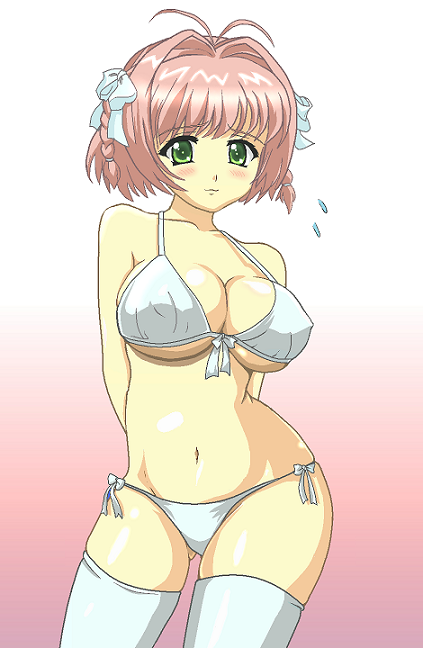 joy (artist), suzumiya haruka, kimi ga nozomu eien, bad id, bad pixiv id, 00s, :3, antenna hair, bare shoulders, bikini, blush, bow, braid, breasts, green eyes, hair ornament, large breasts, midriff, navel, pink hair, red hair, short hair, side-tie bikini bottom, solo, swimsuit, thighhighs, twin braids, white bikini