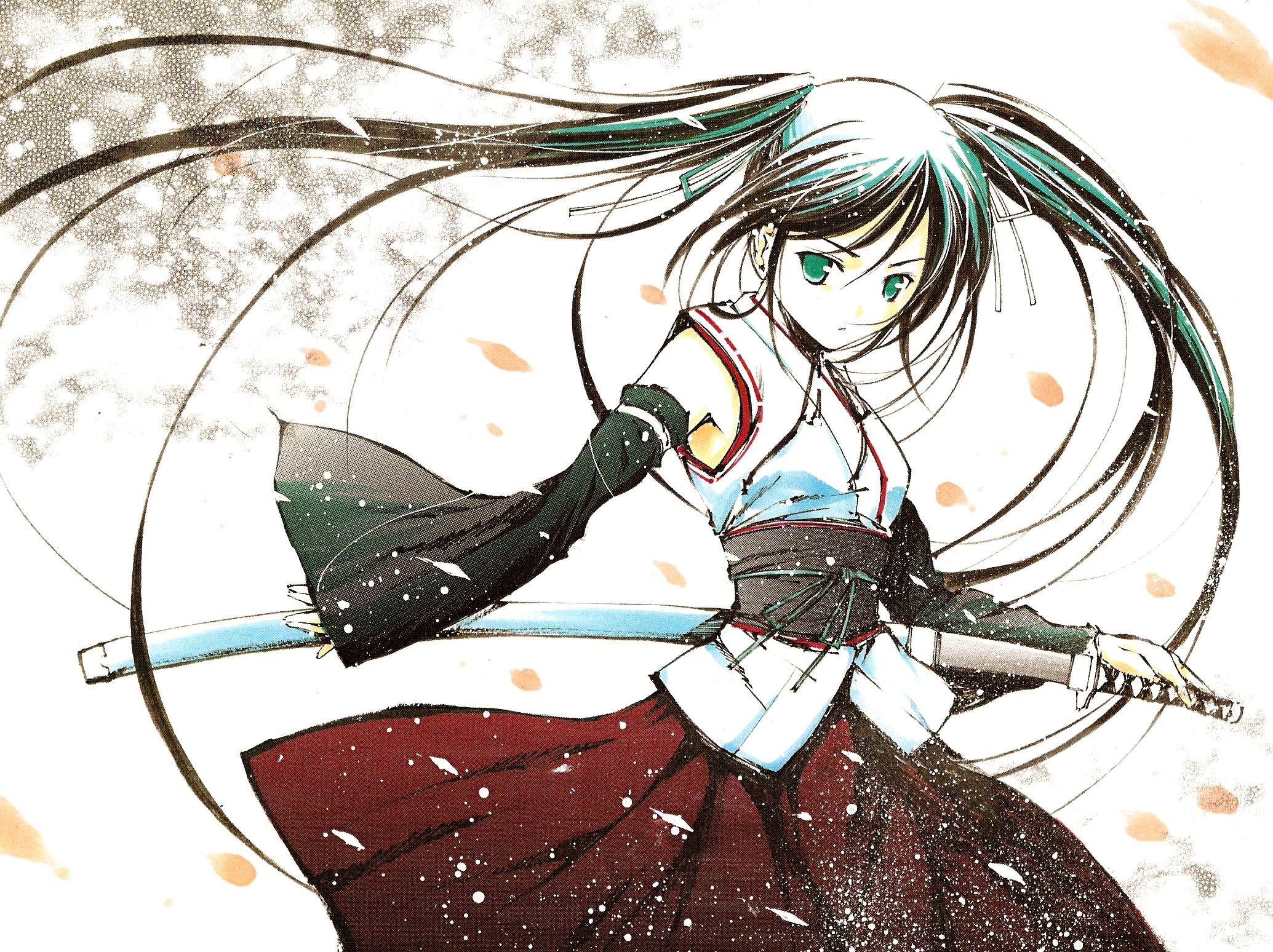 moonsorrow, hatsune miku, vocaloid, highres, aqua eyes, aqua hair, detached sleeves, japanese clothes, katana, long hair, solo, sword, very long hair, weapon