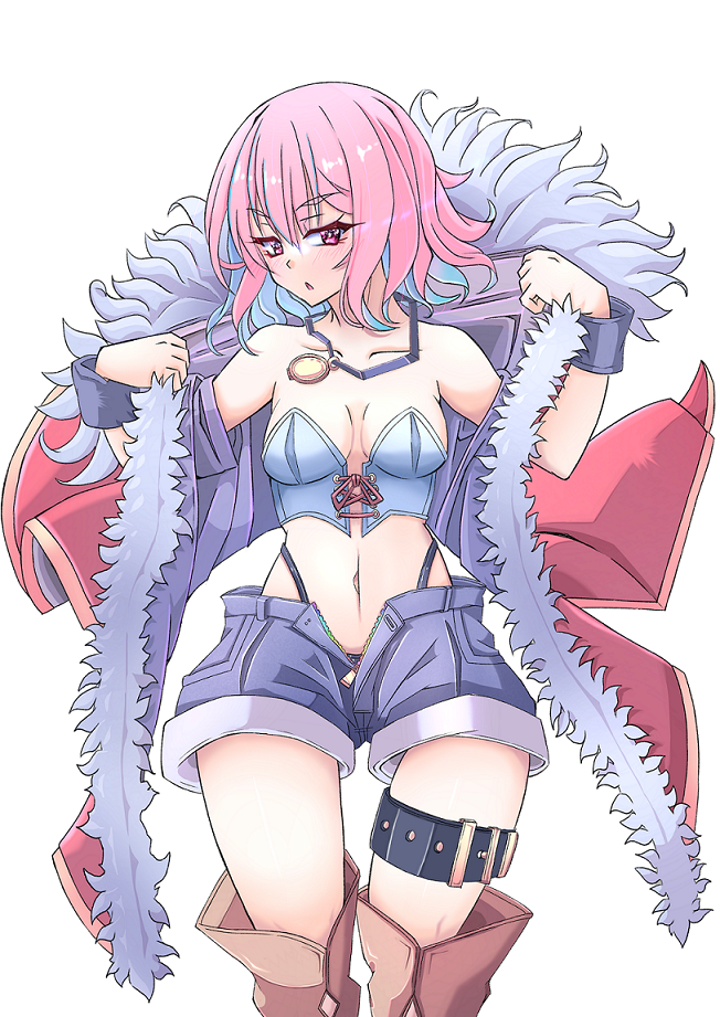 nagifujisawa, rogue (ragnarok online), ragnarok online, commentary request, 1girl, black panties, blue shorts, blue tube top, boots, breasts, brown boots, coat, cowboy shot, fur-trimmed coat, fur trim, highleg, highleg panties, looking down, medium breasts, navel, open clothes, open coat, open fly, open mouth, panties, pink hair, purple coat, red eyes, short hair, short shorts, short sleeves, shorts, simple background, solo, strapless, thigh strap, tube top, underwear, white background