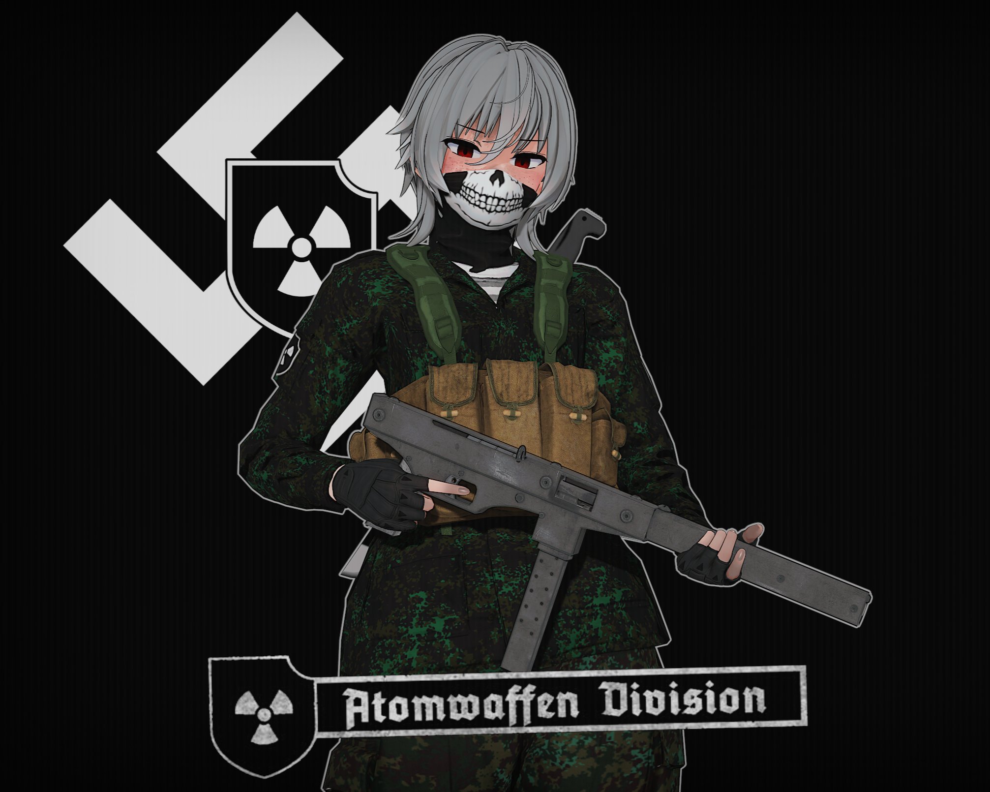 hearts of iron, original, the fire rises, highres, koikatsu (medium), 1girl, ammunition, atomwaffen division, black background, black gloves, camouflage, camouflage pants, camouflage shirt, chest rig, fingerless gloves, gloves, grey hair, gun, hair between eyes, holding, holding gun, holding weapon, luty gun, machete, mask, military uniform, mouth mask, nazi, pants, radiation symbol, random weeb001, red eyes, shirt, short hair, skull mask, solo, submachine gun, suppressor, swastika, weapon, white shirt, witness holes