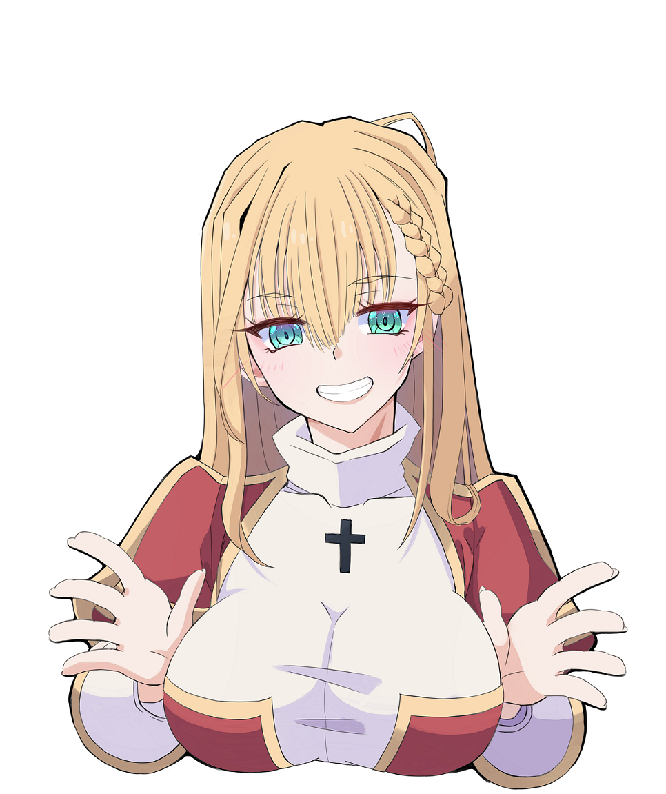 nagifujisawa, high priest (ragnarok online), ragnarok online, commentary request, 1girl, blonde hair, blush, braid, breasts, cross, dress, green eyes, grin, hair between eyes, juliet sleeves, large breasts, long hair, long sleeves, looking at viewer, puffy sleeves, red dress, simple background, single braid, smile, solo, two-tone dress, upper body, white background, white dress