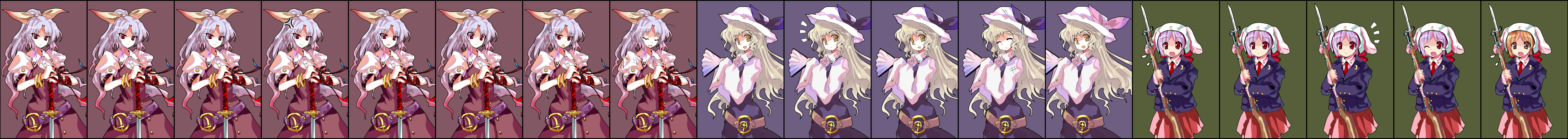 pfalz, reisen, watatsuki no toyohime, watatsuki no yorihime, touhou, absurdres, highres, long image, wide image, 3girls, alphes (style), female focus, multiple expressions, multiple girls, multiple views, parody, simple background, standing, style parody
