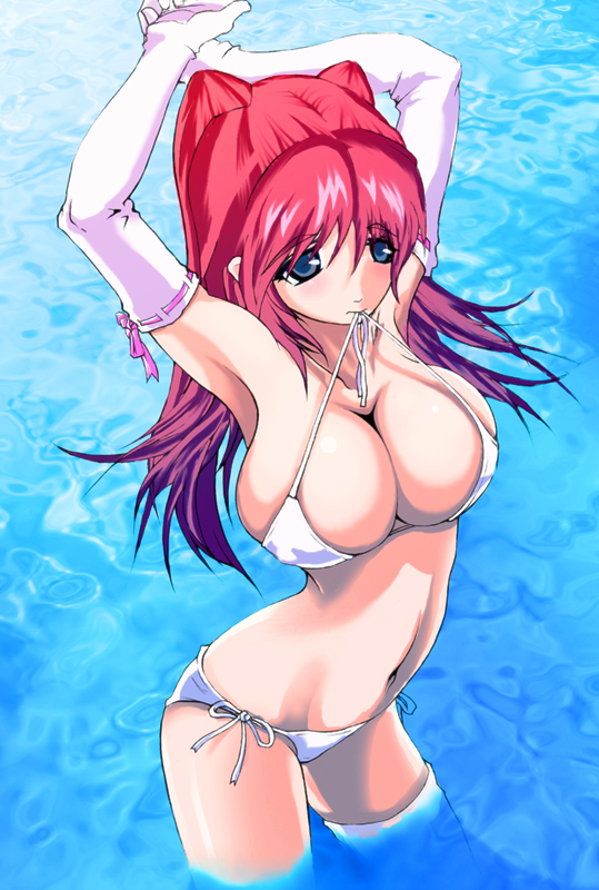ron (metropolis), kousaka tamaki, to heart (series), to heart 2, bad id, bad pixiv id, 00s, arms up, bikini, blue eyes, breasts, elbow gloves, gloves, large breasts, long hair, mouth hold, red hair, solo, swimsuit, thighhighs, twintails, wading, water, white bikini