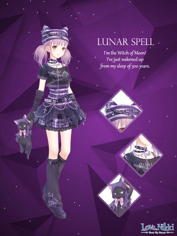 miracle nikki, nikki (series), artist request, official art, third-party source, 1girl, animal ear headwear, animal ears, arm belt, beanie, belt, belt buckle, belt collar, black belt, black shirt, black shoes, blunt bangs, bra strap, brown eyes, buckle, cat ears, character name, chest belt, close-up, closed mouth, clothes writing, collar, copyright logo, cross, dot nose, dress, english text, eyelashes, fake animal ears, fingerless gloves, frilled skirt, frills, full body, gloves, grey arm warmers, grey leg warmers, grey skirt, happy, hat, holding, holding stuffed toy, jewelry, lace-trimmed arm warmers, layered skirt, leash, leg belt, leg warmers, light blush, light particles, loafers, logo, looking at viewer, low twintails, lunar spell (miracle nikki), medium hair, miniskirt, necklace, off-shoulder dress, off shoulder, pink hair, plaid clothes, plaid skirt, pleated skirt, print shirt, purple background, purple belt, purple hat, purple skirt, shirt, shoes, short sleeves, short twintails, skirt, smile, solo, spade (shape), standing, striped clothes, striped headwear, studded belt, stuffed animal, stuffed cat, stuffed toy, t-shirt, tareme, too many, too many belts, twintails