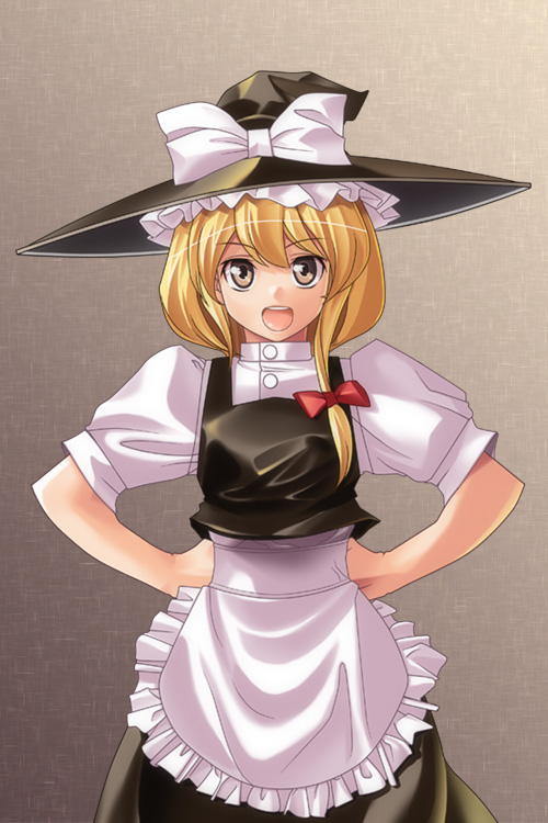 itacha (artist), itachi (artist), kirisame marisa, touhou, 1girl, blonde hair, female focus, gradient background, hair ribbon, hands on own hips, hat, ribbon, solo, witch, witch hat, yellow eyes