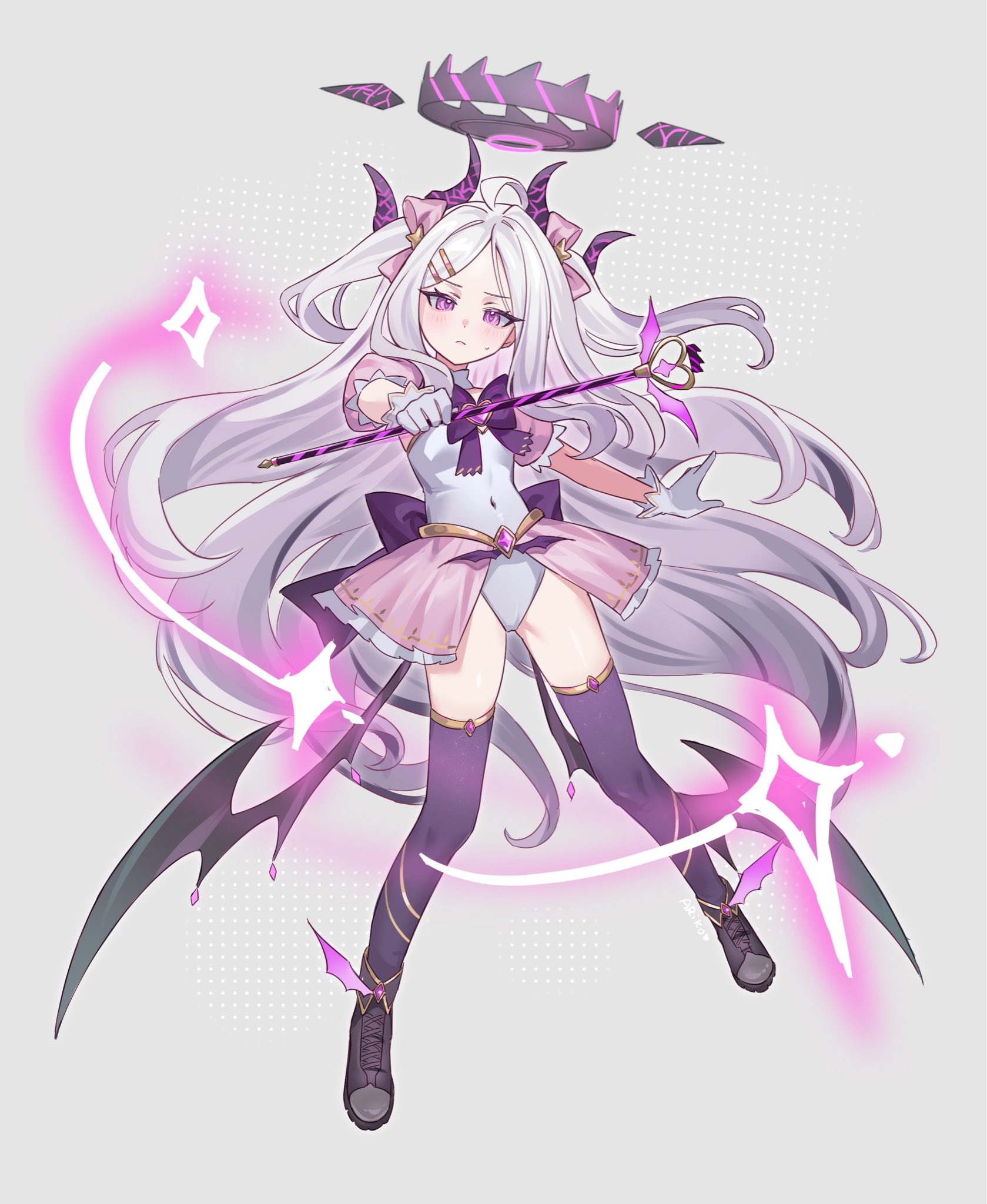 ariko (aaaaarik), hina (blue archive), blue archive, commentary, english commentary, highres, 1girl, alternate costume, back bow, black halo, black horns, bow, chest bow, closed mouth, demon girl, demon horns, demon wings, detached sleeves, full body, gloves, grey background, hair bow, hair ornament, hairclip, halo, holding, holding wand, horns, leotard, light blush, long hair, looking at viewer, magical girl, multicolored halo, multiple horns, parted bangs, pink bow, purple bow, purple eyes, purple halo, purple wings, shoes, solo, sweatdrop, thighhighs, two-tone halo, two side up, very long hair, wand, white gloves, white hair, wings