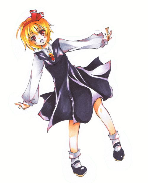 kubikirisaikuru, rumia, embodiment of scarlet devil, touhou, bad id, bad pixiv id, 1girl, blonde hair, female focus, full body, hair ribbon, red eyes, ribbon, short hair, simple background, solo, white background