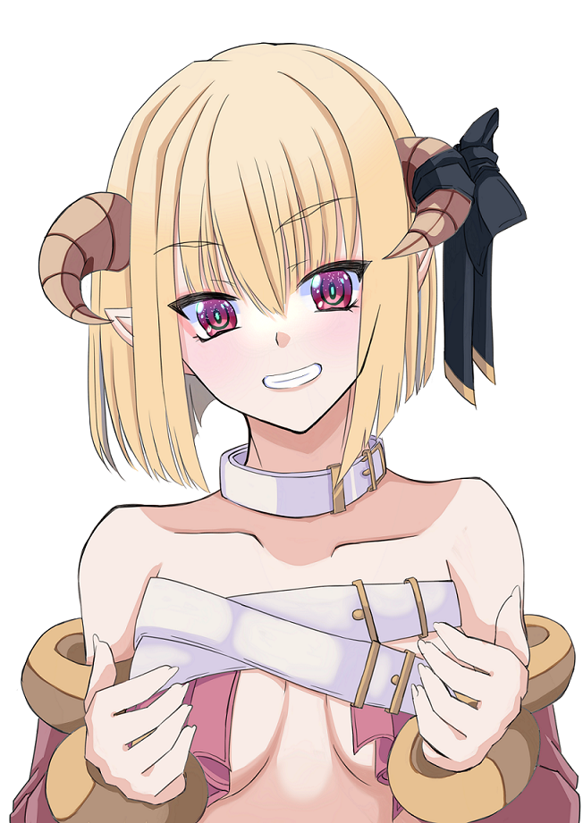 nagifujisawa, succubus (ragnarok online), ragnarok online, commentary request, 1girl, black bow, blonde hair, bob cut, bow, breasts, brown horns, brown sleeves, choker, demon girl, demon horns, detached sleeves, grin, horn bow, horn ornament, horns, looking at viewer, medium breasts, pointy ears, red eyes, short hair, simple background, smile, solo, upper body, white background, white choker