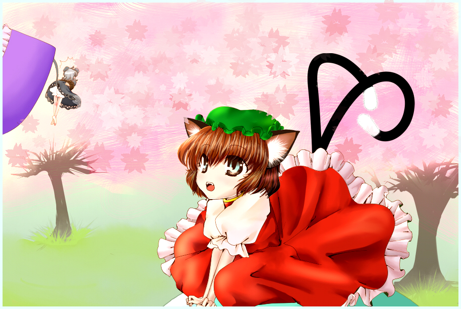 pinkrojar, chen, nazrin, touhou, silver hair, bad id, bad pixiv id, 2girls, animal ears, barefoot, brown hair, cat ears, cat girl, cat tail, dress, fang, fangs, female focus, hat, mini person, minigirl, mouse ears, multiple girls, multiple tails, nature, outdoors, plant, short hair, tail, underwear, you gonna get raped