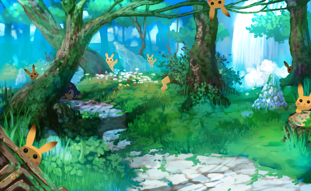 hirokiku, pikachu, sonic the hedgehog, nintendo, pokemon, sonic (series), crossover, forest, gen 1 pokemon, nature, no humans, odd one out, pokemon (creature), tail, tree, water, waterfall, when you see it