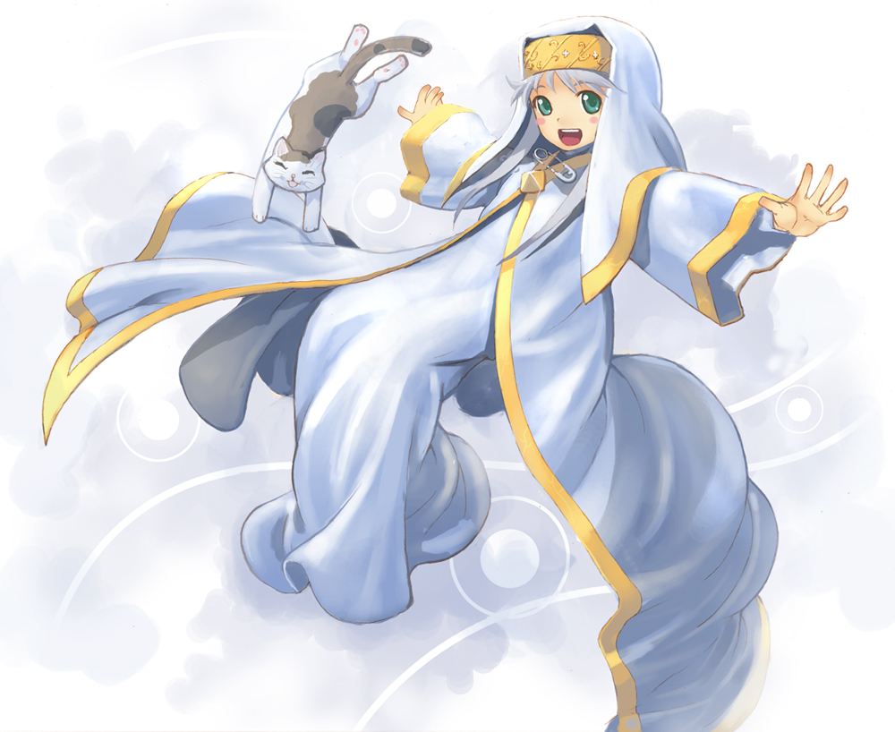 hirokiku, index (toaru majutsu no index), sphinx (toaru majutsu no index), toaru majutsu no index, bad id, bad pixiv id, 00s, calico (pattern), calico cat, cat, green eyes, outstretched arms, robe, safety pin, solo, spread arms