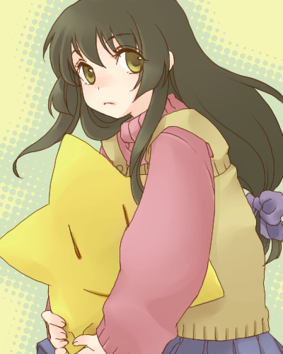 fuuka (fukasheu), ibuki fuuko, super star, super star (mario), clannad, key (company), mario (series), nintendo, lowres, 00s, 1girl, black hair, brown eyes, crossover, female focus, long hair, smile, solo, starfish, | |