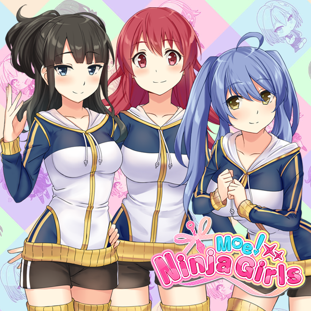 moe! ninja girls, commentary, english commentary, official art, 3girls, ahoge, black hair, black shorts, blue eyes, blue hair, blue shirt, breasts, closed mouth, copyright logo, copyright name, himeno kirara, logo, long hair, long sleeves, medium breasts, multiple girls, red eyes, red hair, shirasu sena, shirt, short shorts, shorts, split mouth, thighhighs, tsukimi futaba, yellow eyes, ytg8, zettai ryouiki