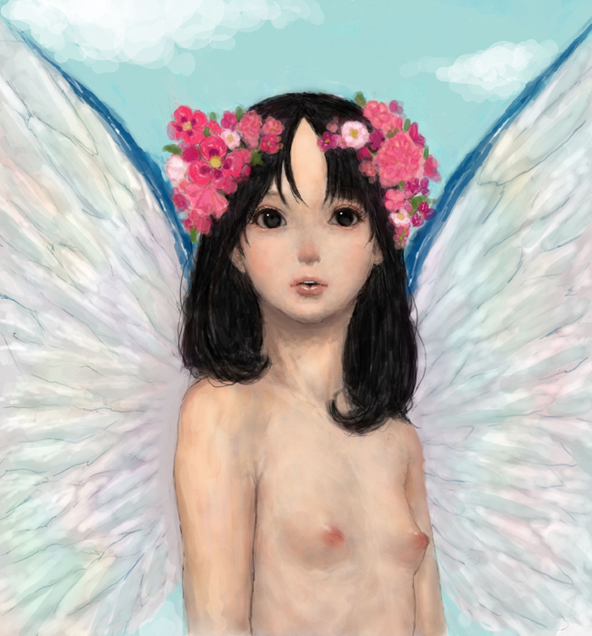 ponsuke (pon00000), bad id, bad pixiv id, 1girl, black hair, breasts, female focus, flat chest, flower, hair ornament, long hair, nipples, nude, solo, wings