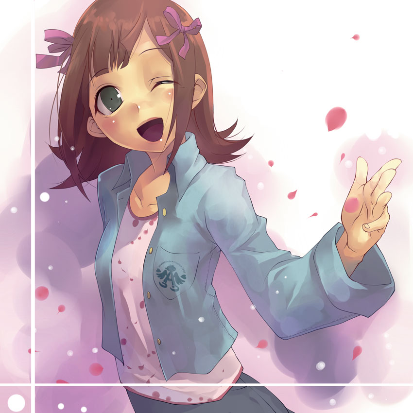 maitake (loose), amami haruka, idolmaster, idolmaster (classic), idolmaster 1, 00s, 1girl, brown hair, female focus, green eyes, hair ribbon, ribbon, short hair, skirt, solo, wink