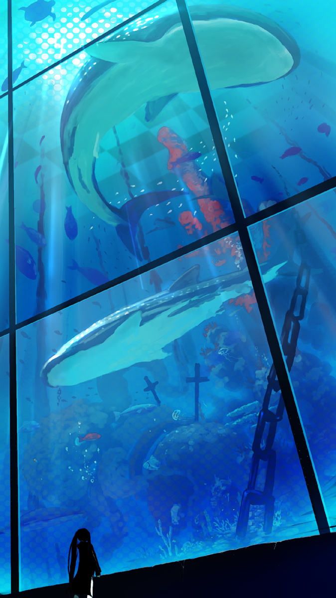 hirokiku, black rock shooter (character), black rock shooter, highres, 10s, aquarium, chain, cross, fish, perspective, shark, solo, turtle, twintails, water, whale, whale shark
