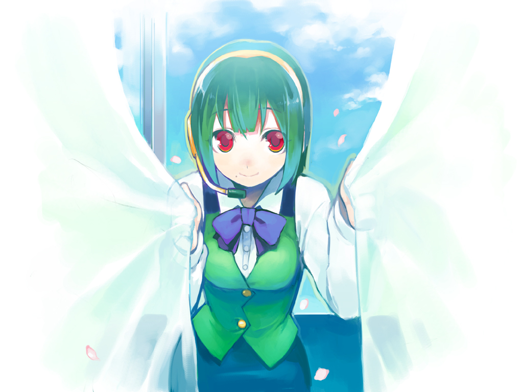 shigehiro (hiroi heya), otonashi kotori, idolmaster, idolmaster (classic), idolmaster 1, 00s, 1girl, bow, bowtie, curtain grab, curtains, female focus, green hair, headset, mole, mole under mouth, pencil skirt, petals, red eyes, short hair, skirt, solo, vest