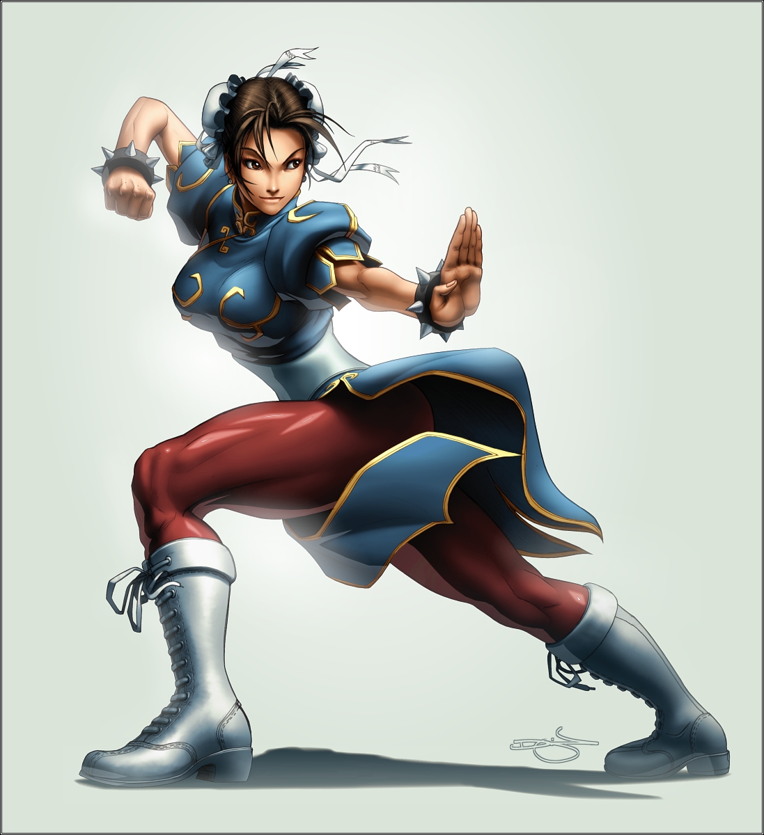 omar dogan, chun-li, capcom, street fighter, highres, 1girl, boots, bracelet, breasts, brown eyes, brown hair, bun cover, china dress, chinese clothes, double bun, dress, female focus, fighting stance, hair bun, jewelry, large breasts, muscular, pantyhose, pelvic curtain, short hair, signature, smirk, solo, spiked bracelet, spikes, thick thighs, thighs