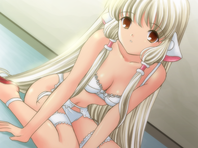 ryunnu, chii, chobits, game cg, non-web source, 00s, 1girl, bare shoulders, blonde hair, bra, brown eyes, female focus, flat chest, hair spread out, lingerie, long hair, panties, solo, underwear, underwear only, very long hair, white panties