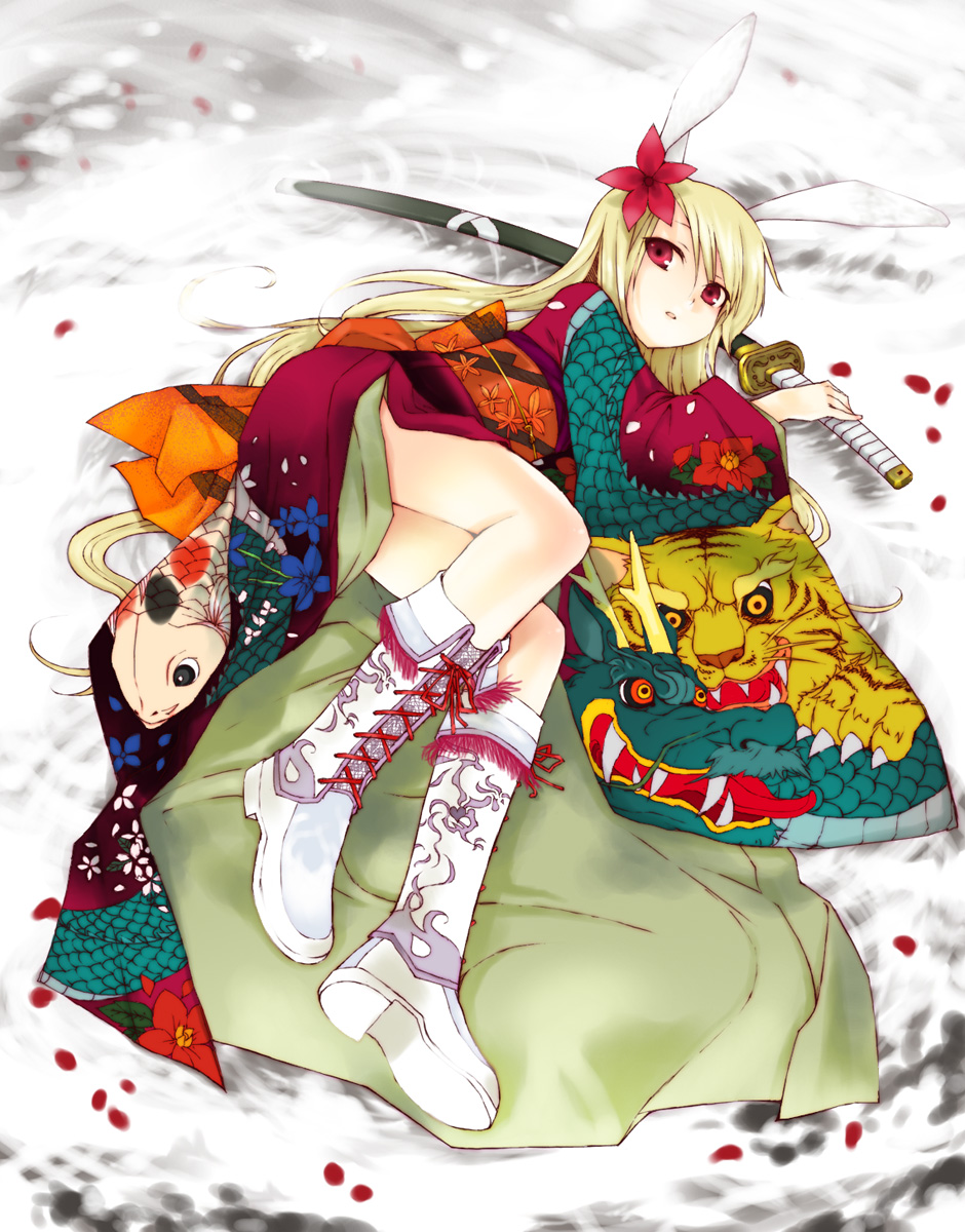kurafuji sachi, bad id, bad pixiv id, highres, 1girl, alternate color, animal ears, blonde hair, boots, female focus, flower, hair ornament, japanese clothes, katana, kimono, long hair, lying, petals, rabbit ears, red eyes, sheath, sheathed, solo, sword, weapon