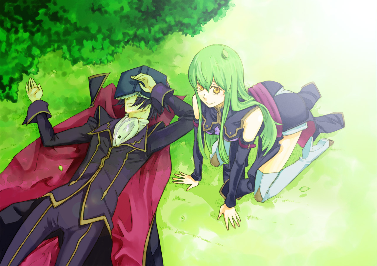 kurafuji sachi, c.c., lelouch vi britannia, zero (code geass), code geass, bad id, bad pixiv id, 00s, 1boy, 1girl, boots, brown eyes, grass, green hair, high heels, kneeling, long hair, lying, on back, shoes, sleeping, thigh boots, thighhighs