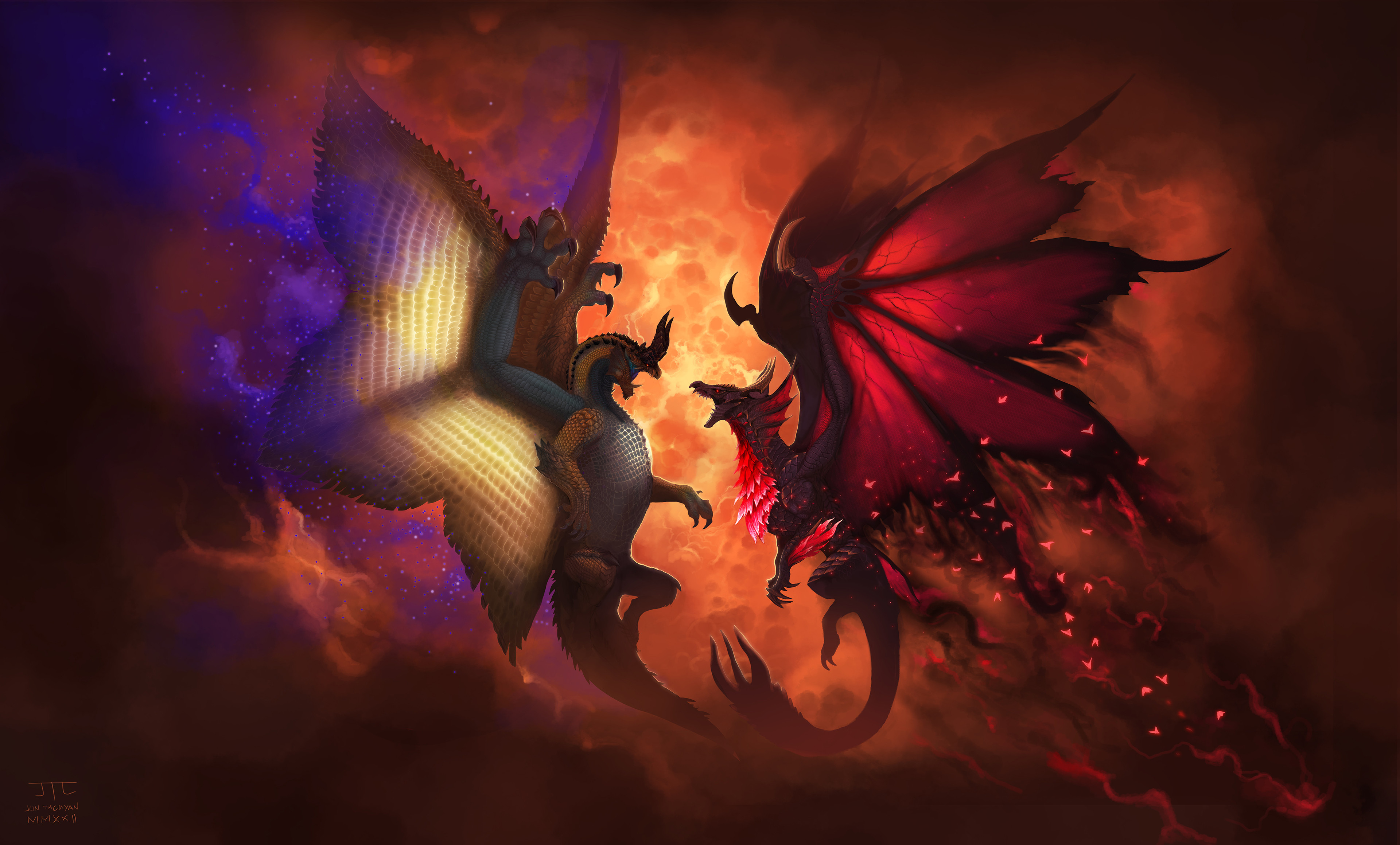 tacuyanjun, malzeno (monster hunter), shagaru magala, monster hunter (series), monster hunter rise, absurdres, commentary, highres, backlighting, bat wings, claws, dragon, eye contact, face-to-face, flying, from side, horns, looking at another, monster, monster focus, no humans, open mouth, outdoors, qurio (monster hunter), red sky, scales, sky, smoke, wide shot, wings