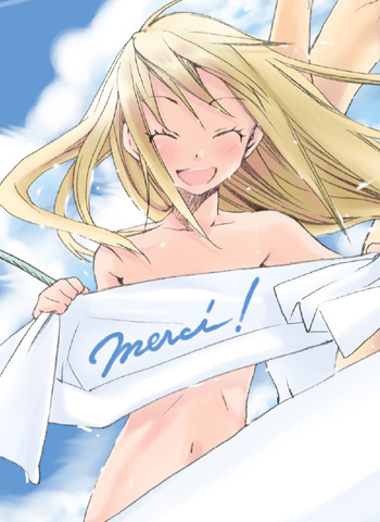 kurafuji sachi, bad id, bad pixiv id, lowres, 1girl, blonde hair, closed eyes, female focus, french text, happy, long hair, navel, nude, open mouth, solo