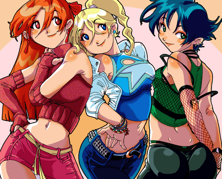 blossom (ppg), bubbles (ppg), buttercup (ppg), powerpuff girls, 3girls, ass, black hair, blonde hair, blue eyes, breasts, elbow gloves, fishnets, gloves, green eyes, hip focus, multiple girls, red eyes, red hair, thong, whale tail (clothing)