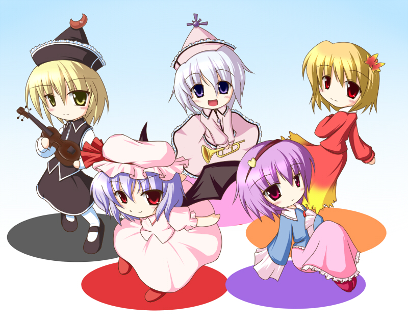 miyo (miyomiyo01), miyo (pixiv205745), aki shizuha, komeiji satori, lunasa prismriver, merlin prismriver, remilia scarlet, touhou, 5girls, blonde hair, chibi, female focus, hair ornament, hat, instrument, leaf, leaf hair ornament, multiple girls, short hair, trait connection, trumpet, violin