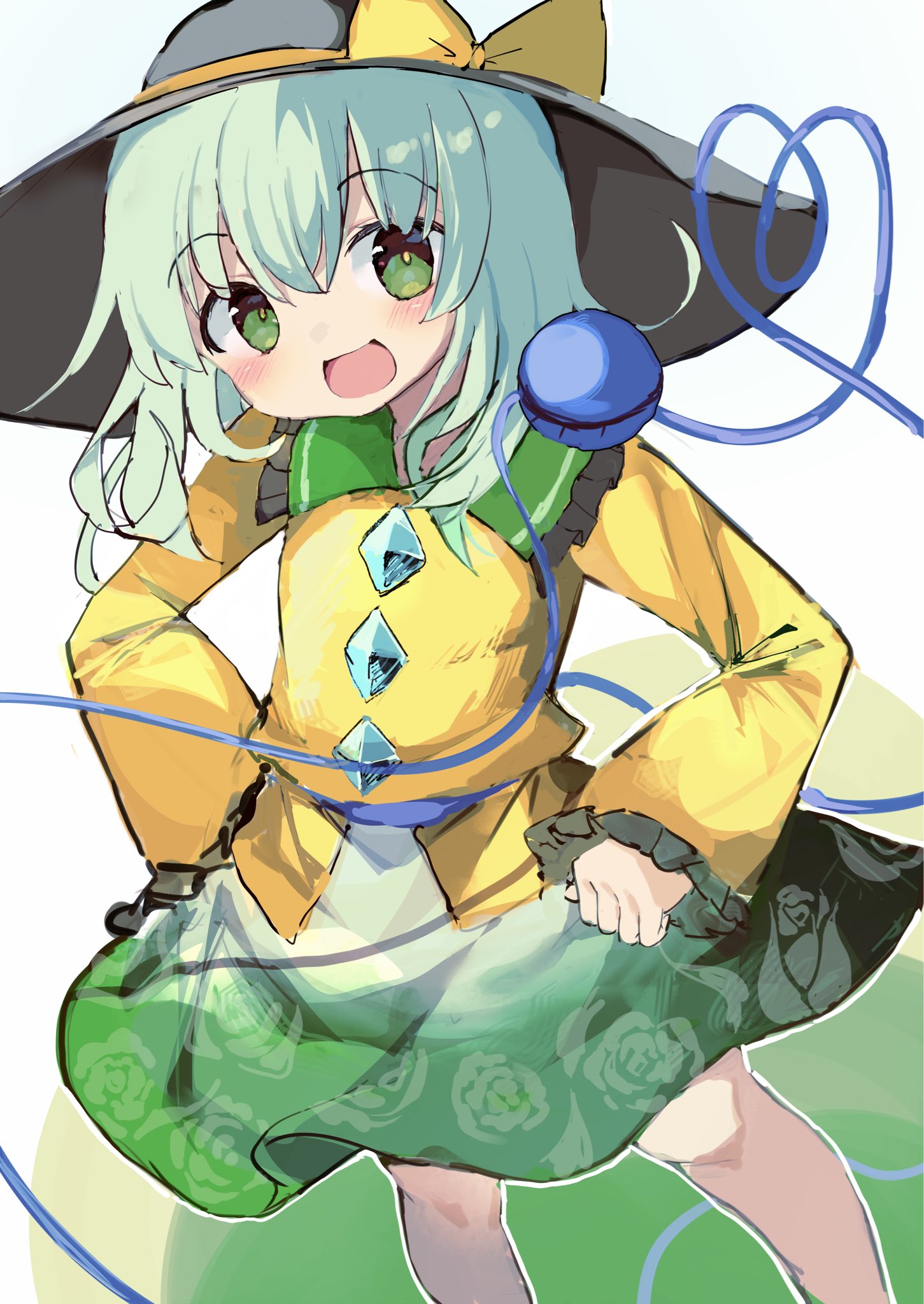 tungsten mochoo, komeiji koishi, touhou, highres, 1girl, :d, bow, floral print, frilled sleeves, frills, green eyes, green hair, green skirt, hair between eyes, hat, hat ribbon, open mouth, ribbon, shirt, skirt, smile, solo, third eye, white background, wide sleeves, yellow shirt