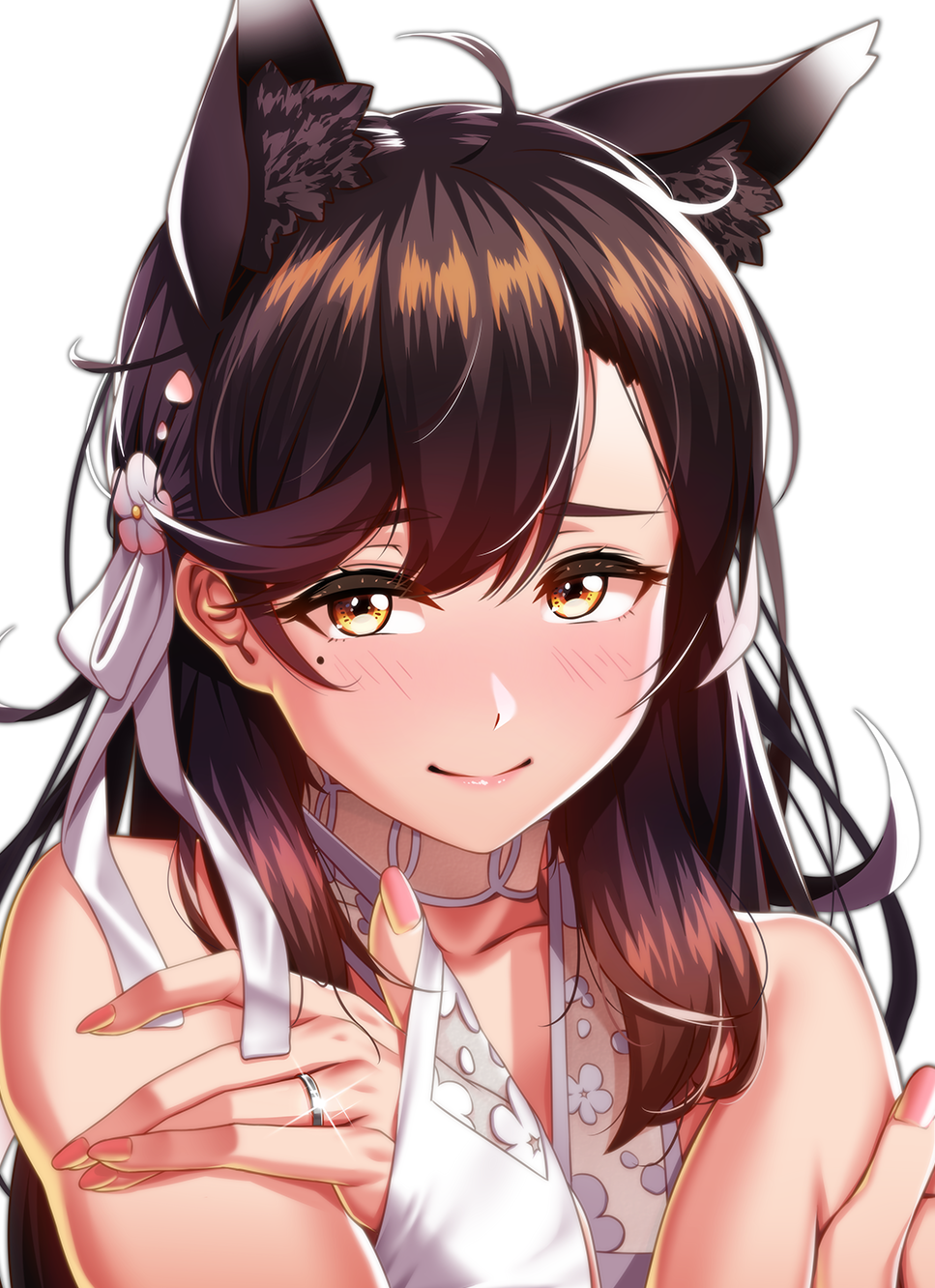 kagiyama (clave), atago (azur lane), atago (summer march) (azur lane), azur lane, commentary request, highres, 1girl, animal ear fluff, animal ears, bikini, black hair, blonde hair, closed mouth, dog ears, dress, extra ears, flower, gloves, hair flower, hair ornament, hair ribbon, jewelry, looking at viewer, mole, mole under eye, nail polish, official alternate costume, pink nails, portrait, ribbon, ring, simple background, smile, solo, swimsuit, wedding ring, white background, white bikini, white ribbon