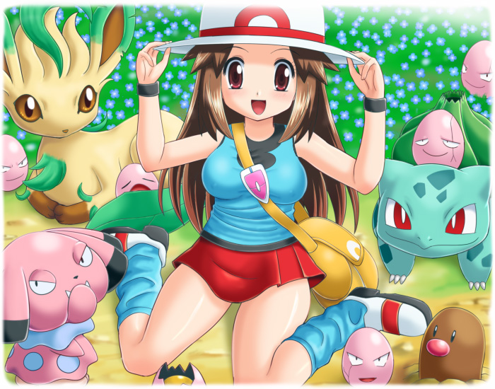 pokemoa, bulbasaur, diglett, exeggcute, leaf (pokemon), leafeon, snubbull, nintendo, pokemon, pokemon frlg, 00s, 1girl, bag, between breasts, breasts, brown hair, covered erect nipples, gen 1 pokemon, gen 2 pokemon, gen 4 pokemon, hat, medium breasts, no bra, pokemon (creature), porkpie hat, red eyes, skirt, smile, strap between breasts